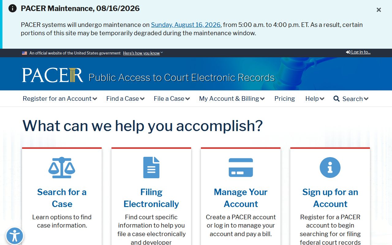 Searcy previous residents PACER federal court access page