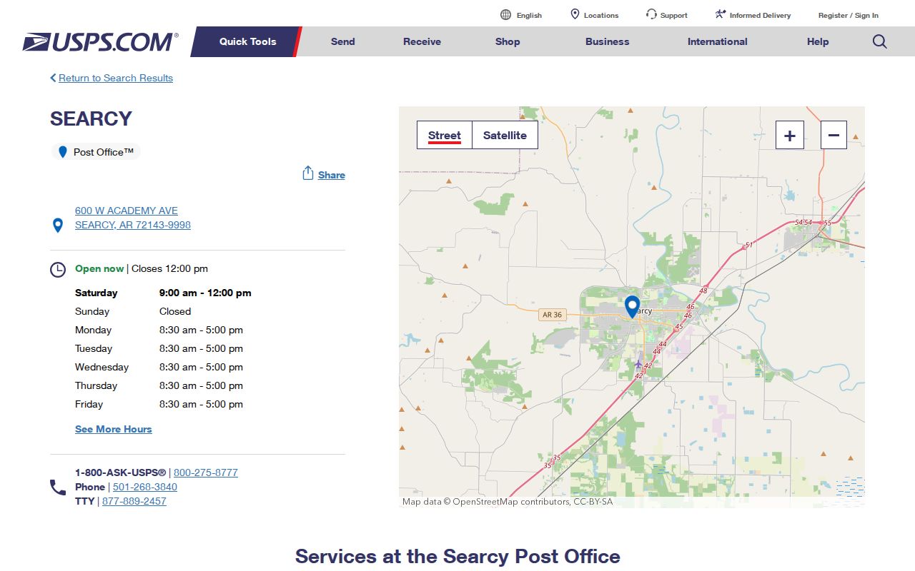 Searcy ZIP code view of the main Post Office service listing